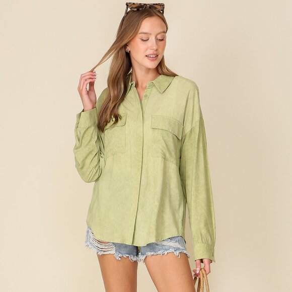 LUMIERE LONG SLEEVE DROP SHOULDER COLLARED BUTTON DOWN WASHED EFFECT SHIRT - Picture 4 of 5
